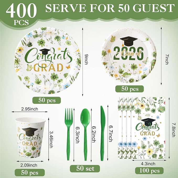 400 Pcs Class of 2026 Sage Green Floral Graduation Decorations for 50, Green and Gold Graduation Paper Plates Napkins and Cups Cutlery Grad Tableware for 2026 Congrats Grad Party Supply