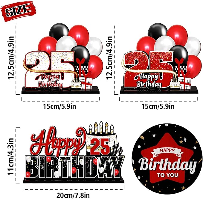LINGTEER Happy 25th Birthday Red Acrylic Table Topper Centerpieces Set - Cheers to 25 Years Old Birthday 25th Bday Party Gift Decorations.