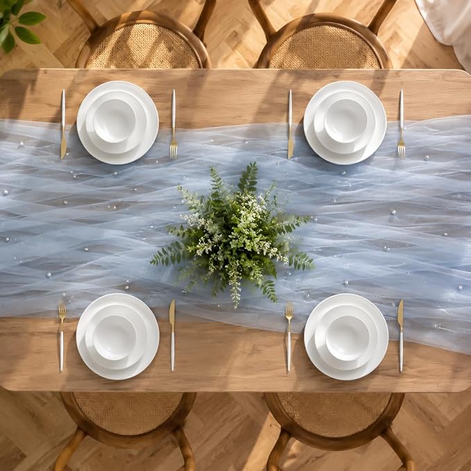 Pearl Blue Gauze Pearl Table Runner 120 Inch 10FT, Seasonal Sheer Dining Holiday Wedding Birthday Baby Shower Tulle Summer Table Decor for Home Party