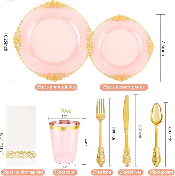 Hioasis 175pcs Pink and Gold Plates - Pink Party Plates for 25 Guest, Include 50 Heavy-duty Plates(20% Thicker Than Standard), 75 Cutlery Set, 25 Napkin, 25 Cups for Party & Easter