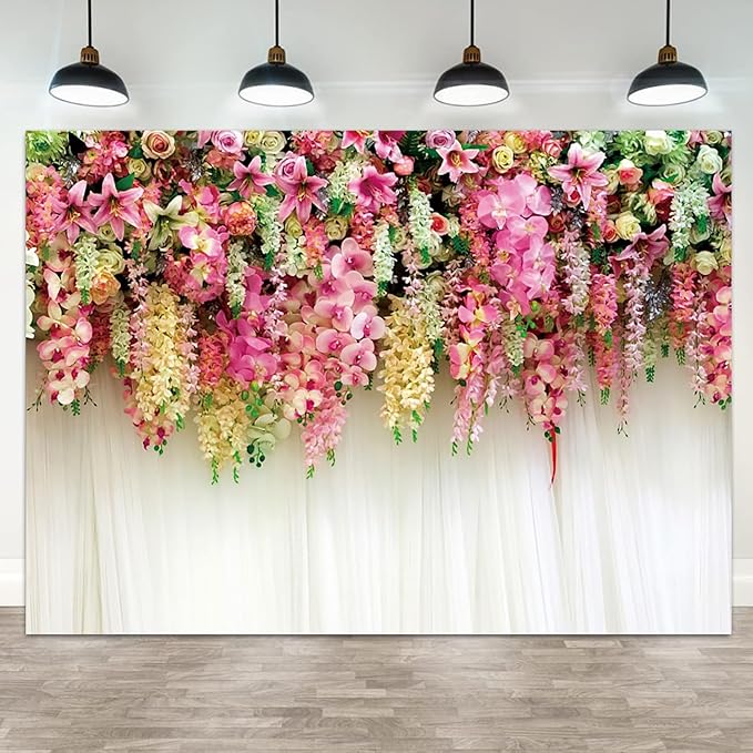 10x7ft Pink Floral Backdrop White Curtain Wedding Reception Photography Background Colorful Flowers Anniversary Bridal Shower Decorations Birthday Party Baby Shower Portrait Photo Booth Prop