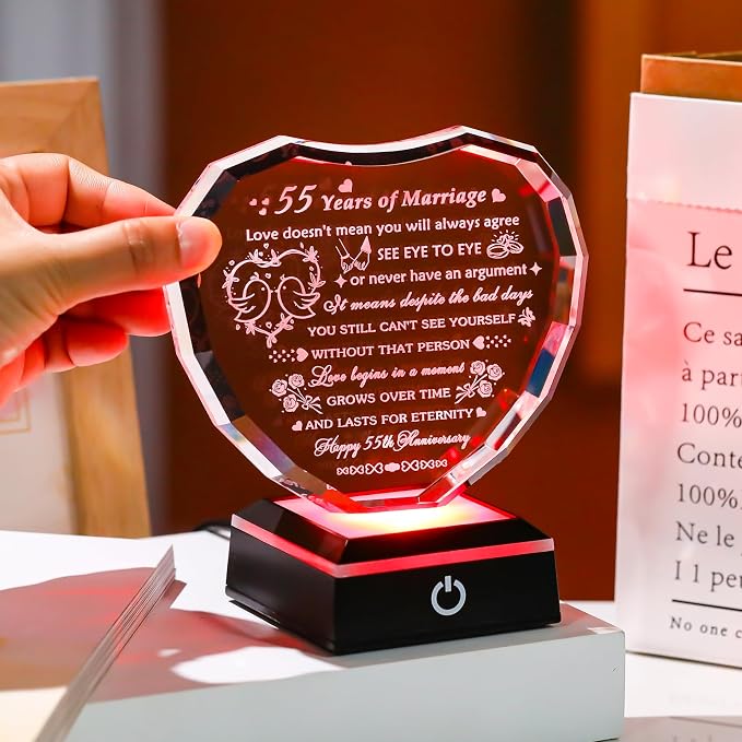 Arikyrist 55th Wedding Anniversary Crystal Heart Gifts for Couple, Laser Engraved 55 Year Anniversary Crystal Gifts for Wife Husband Parents, Romantic 55 Years of Marriage Gift for Him Her Friends