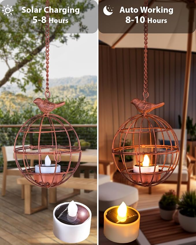 Outdoor Solar Hanging Lantern Lights, 4 Pack Rustic Ball Birdcage Hanging Candle Holder with Solar Tea Lights, Outdoor Waterproof Decorations for Patio, Backyard, Pergola, Tree Decor (Dark Orange)