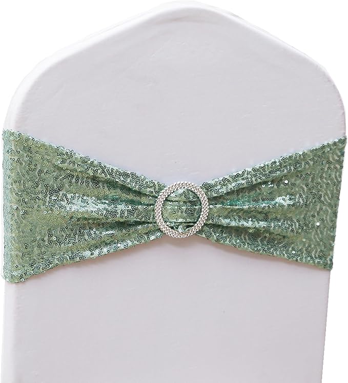 Sequin Sage Green Chair Sashes 50 Pack, Sage Chairs Bows for Party, Glitter Chair Bands with Silver Buckles for Wedding Banquets Birthday Anniversary Bridal Shower Events Decorations