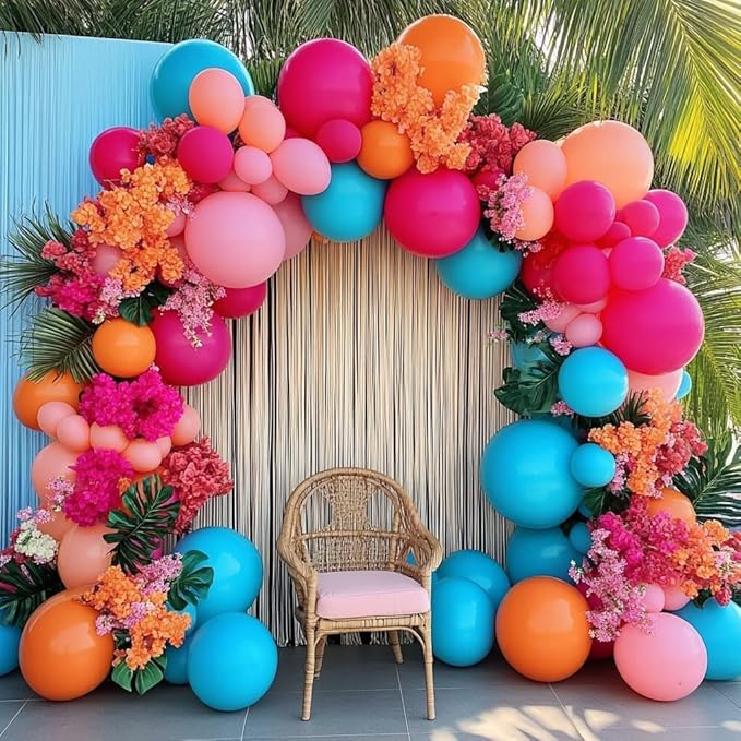 Hot Pink Blue Orange Balloon Garland - Double Stuffed Teal Orange Pastel Pink Peach Latex Metallic Burgundy Balloon Arch Kit for Colorful Baby Shower Wedding Gathering Birthday Party Decoration