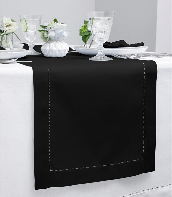 Solino Home Linen Black Table Runner 72 Inches Long - 100% Pure Linen Hemstitch Table Runner 14 x 72 Inch for Dresser, Dining, Spring, Summer, Mothers Day - Classic Hemstitch