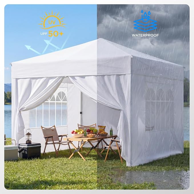 Upgraded 18% Thicker 420D Fabric Tearproof 10x10 Pop Up Canopy Tent with 4 Side Wall, 3 Steps Easy Setup, Durable Steel Truss, Outdoor Sun Shade for Events, Parties, Camping Durable Steel Truss