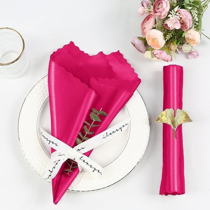 Homiest Hot Pink Satin Napkins - 100 Pack, 17x17 Inches, Scalloped Square Napkins for Weddings, Restaurants, Parties