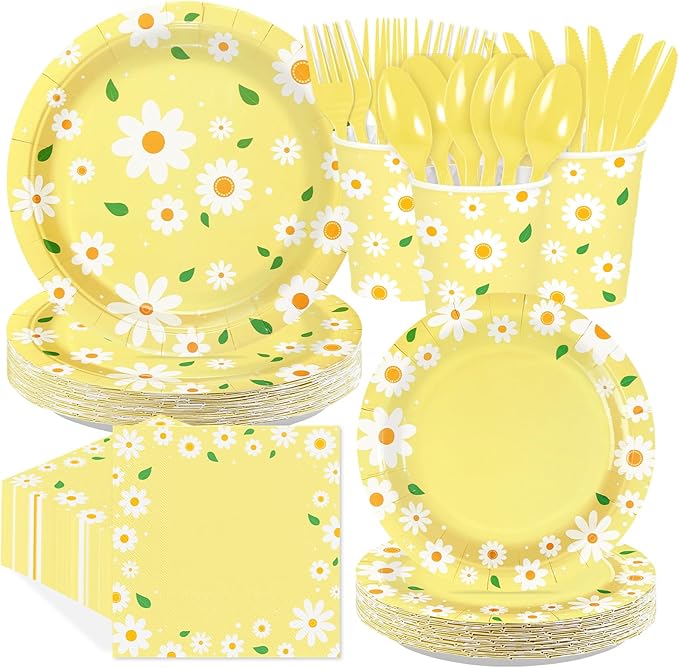 168Pcs Daisy Birthday Decoration Yellow Daisy Plates and Napkins Spring Summer Yellow Flower Tableware Set for Birthday Baby Shower Bridal Shower Wedding Party Supplies, Serves 24