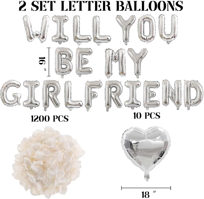 2 Set Silver Will You Be My Girlfriend Balloons - 42pcs 16" Letter Balloon 1200pcs Cream White Artificial Rose Petals 10pcs 18" Heart Balloons Alphabet Foil Balloon for Valentines Day Decorations