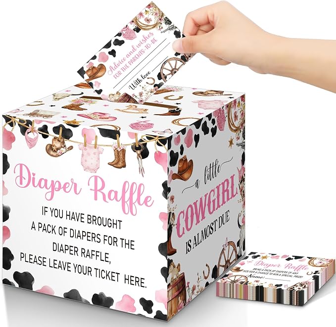Teling 51 Pieces Diaper Raffle Tickets with Card Box Baby Shower Decorations Gender Reveal Holder Box for Girl Boy Diaper Raffle Party (A Little Cowgirl is on the Way)