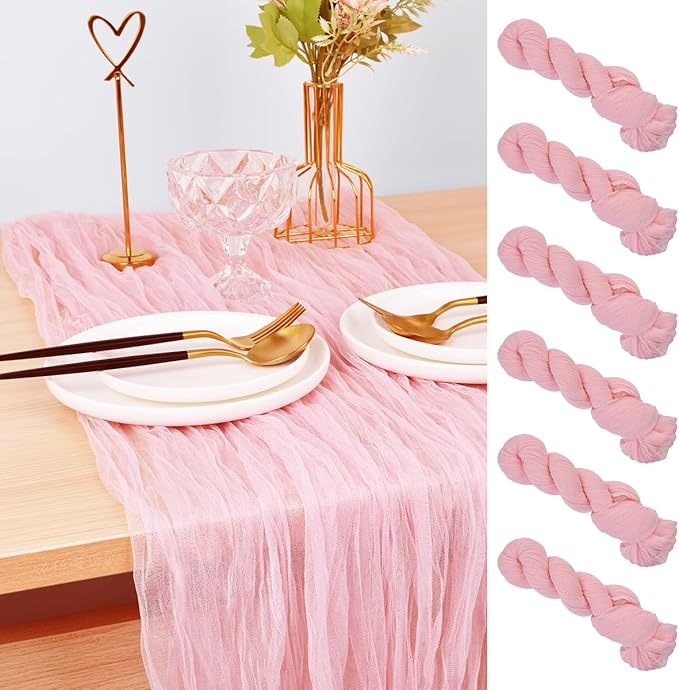 Joanlody Blushing Pink Cheesecloth Table Runner Spring Summer 10Ft Rustic Gauze Boho Cheese Cloth Table Runner for Wedding Bridal Baby Shower Decoration 6 Pack