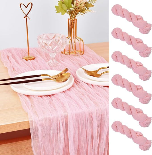 Joanlody Blushing Pink Cheesecloth Table Runner Spring Summer 10Ft Rustic Gauze Boho Cheese Cloth Table Runner for Wedding Bridal Baby Shower Decoration 6 Pack