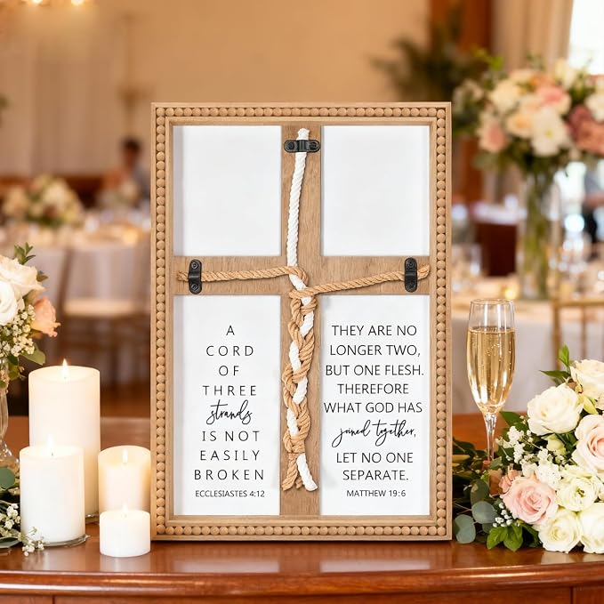 Farmhouse A Cord of Three Strands Wedding Ceremony Sign with Wooden Bead and Hanging Hook, Vintage Rustic Wood Unity Cross for Wedding Ceremony, 11 X 15 Religious Christian Wall Decor Gift for Couple