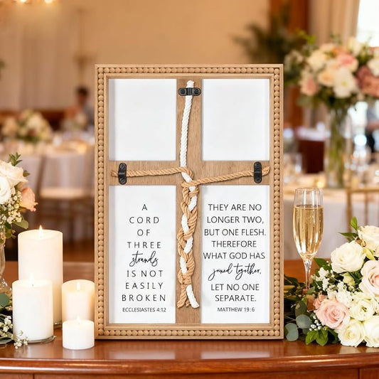 Farmhouse A Cord of Three Strands Wedding Ceremony Sign with Wooden Bead and Hanging Hook, Vintage Rustic Wood Unity Cross for Wedding Ceremony, 11 X 15 Religious Christian Wall Decor Gift for Couple