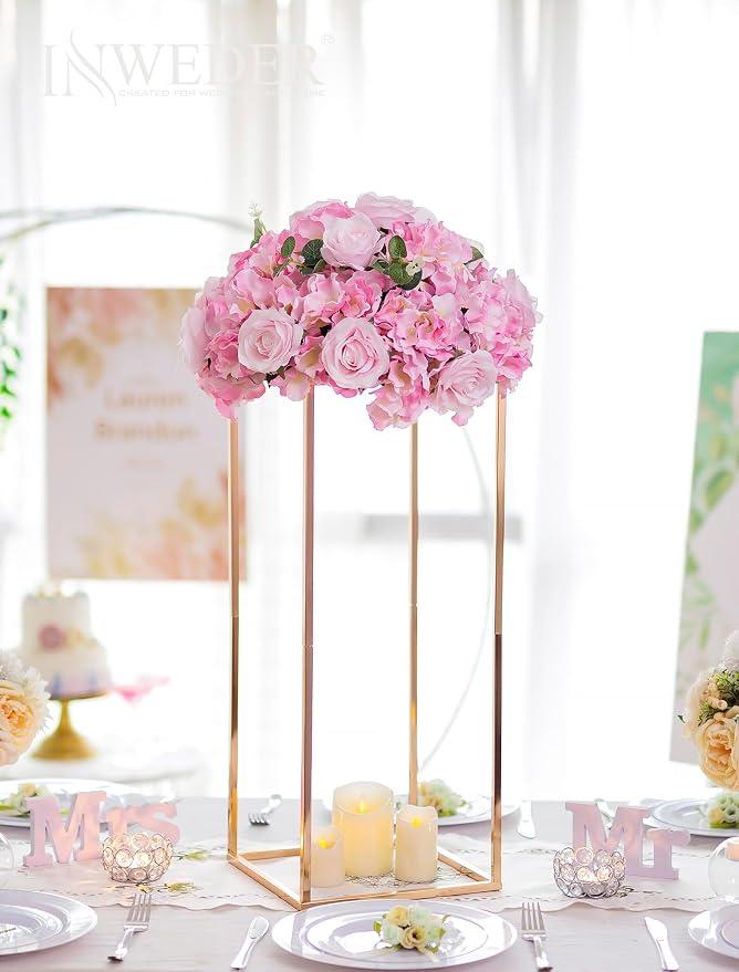 Gold Tall Stand for Wedding: 23.6in, With Metal Panel, Packs of 2 | Columnar Cube Shape, Easy to Assembly, Flowers Cakes Drinks Display Table Centerpieces for Wedding Party Event