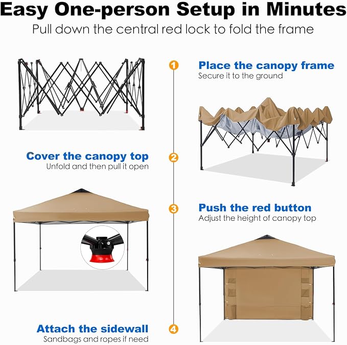 GAFETE 10×10 Pop Up Canopy Tent with 1 Pockets Sidewall, Easy up Sun Shade with One Push Setup, Portable Instant Outdoor Canopy Tent for Events Parties Camping with Carrying Bag (Sand, 10x10 FT)