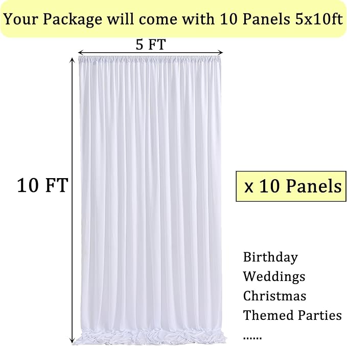 50ft×10ft Wrinkle Free White Backdrop Curtain for Parties, 10 Panels 5×10ft Polyester Photo Backdrop Drapes Wedding Back Drop Cloth for Birthday Baby Shower Photography Background Curtains