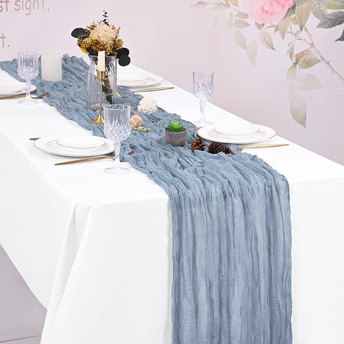 16 Pack Dusty Blue Cheesecloth Table Runner 120 Inch 10FT Spring Boho Rustic Sheer Gauze Cheese Cloth Table Runner for Wedding Baby Shower Birthday Party Table Decor