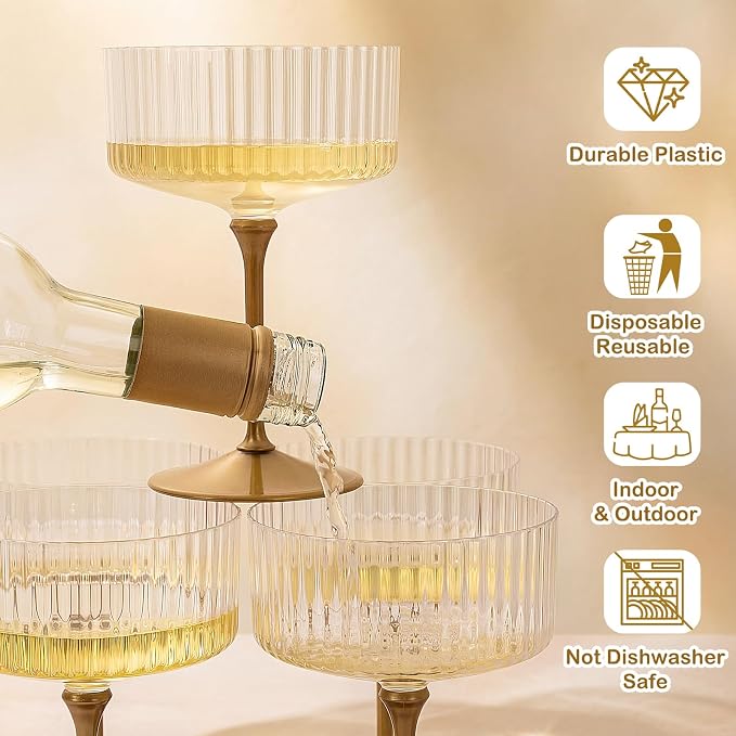 LIYH 20pcs Plastic Martini Glasses Disposable 10 Oz Clear and Gold Plastic Cups Coupe Glasses Cocktail Champagne Tower Perfect for Any Party, Bar, Beverage