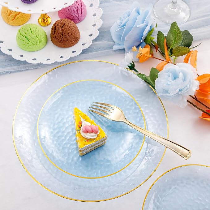 Rubtlamp 175 Pcs Plastic Dinnerware Set (25 Guests), Blue Disposable Plates With Gold Rim, Hammered Party Plates Set Include Dinner Platos, Dessert Platos, Cups, Cutlery And Napkins for Party