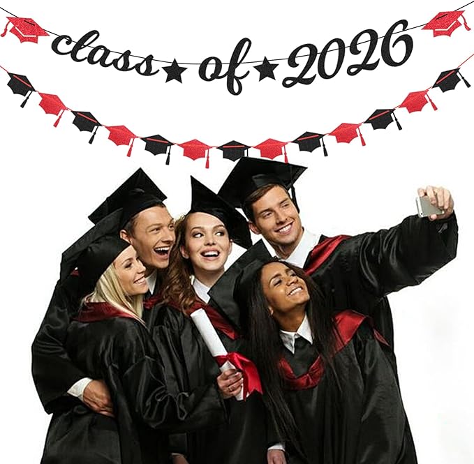 Black Red Graduation Party-Decorations Garland - 36pcs Congrats Grad Class 2026 Banner,Hat Hanging Streamer,College High School Congratulations Master Celebration Classroom Backdrop Decor Burgleda