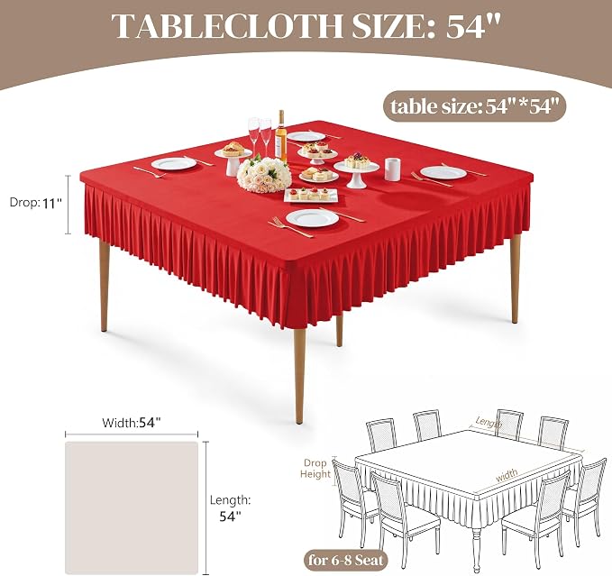 Wish Care Red Spandex Tablecloths for 54x54 Inch Square Tables, Stretch Fitted Table Clothes with Pleated Ruffle Skirt for 54” Table, Wrinkle Free and Elastic, for Party Kitchen Home Dining