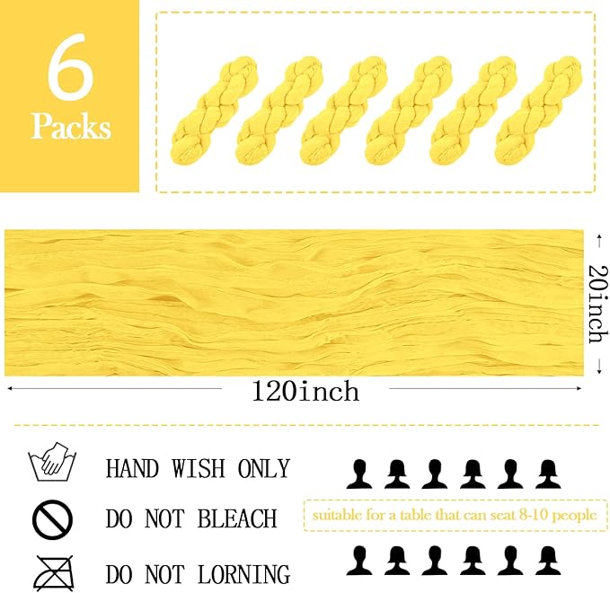 6 Pack Lemon Yellow Cheesecloth Table Runner 20 x 120 inch Gauze Table Runners 10 FT Long,Semi Sheer Boho Cheese Cloth Fabric Table Runner Bulk for Party,Wedding,Baby Shower,Bridal Shower Decoration