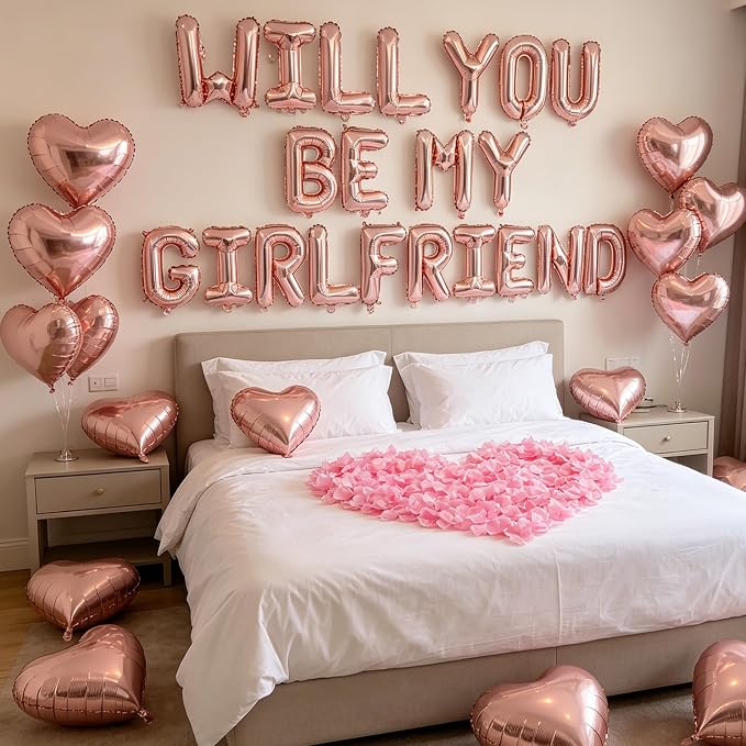 2 Set Rose Gold Will You Be My Girlfriend Balloons - 42pcs 16" Letter Balloons 1200pcs Pink Artificial Rose Petals 10pcs 18" Heart Balloon Alphabet Foil Mylar Balloon for Valentines Day Decorations