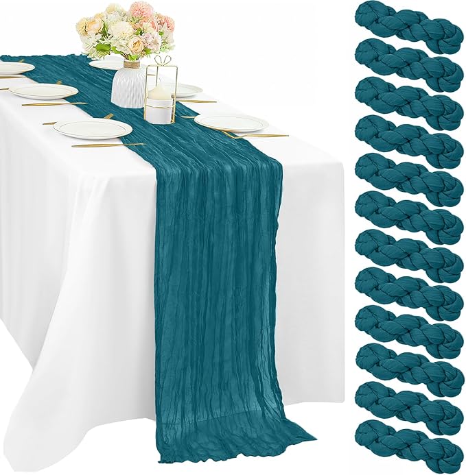 Teal 12 Pieces Cheesecloth Table Runner 10FT Runner for Tables Gauze Fabric Boho Table Runner Decoration Rustic Sheer Runner for Wedding Shower Birthday Party Table Arbor Decor (35 x 120 Inches Long)