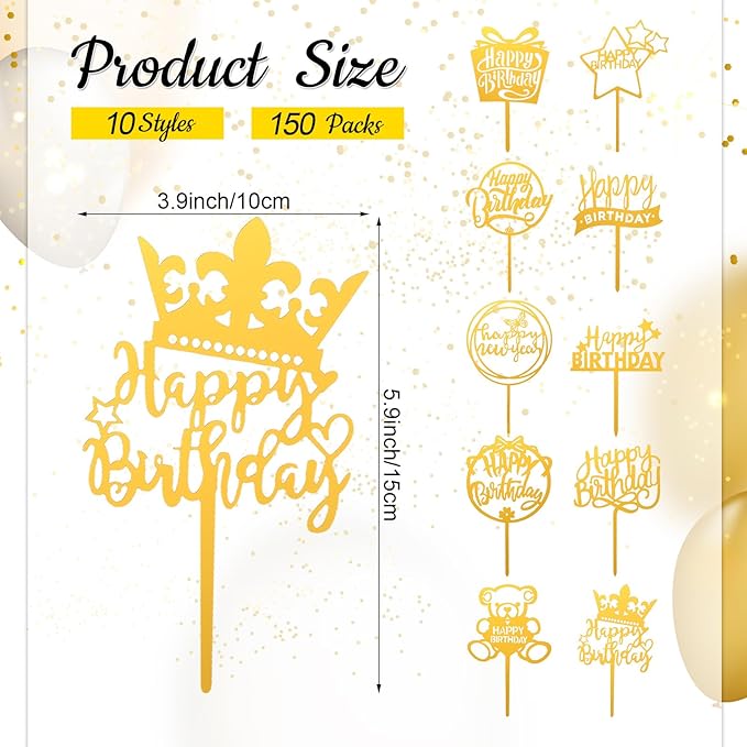 150 Pcs Happy Birthday Cake Toppers Acrylic Cake Topper Glitter Birthday Cake Decorations Double Sided for Adults Various Cake Decoration Party Supplies(Gold,Retro)