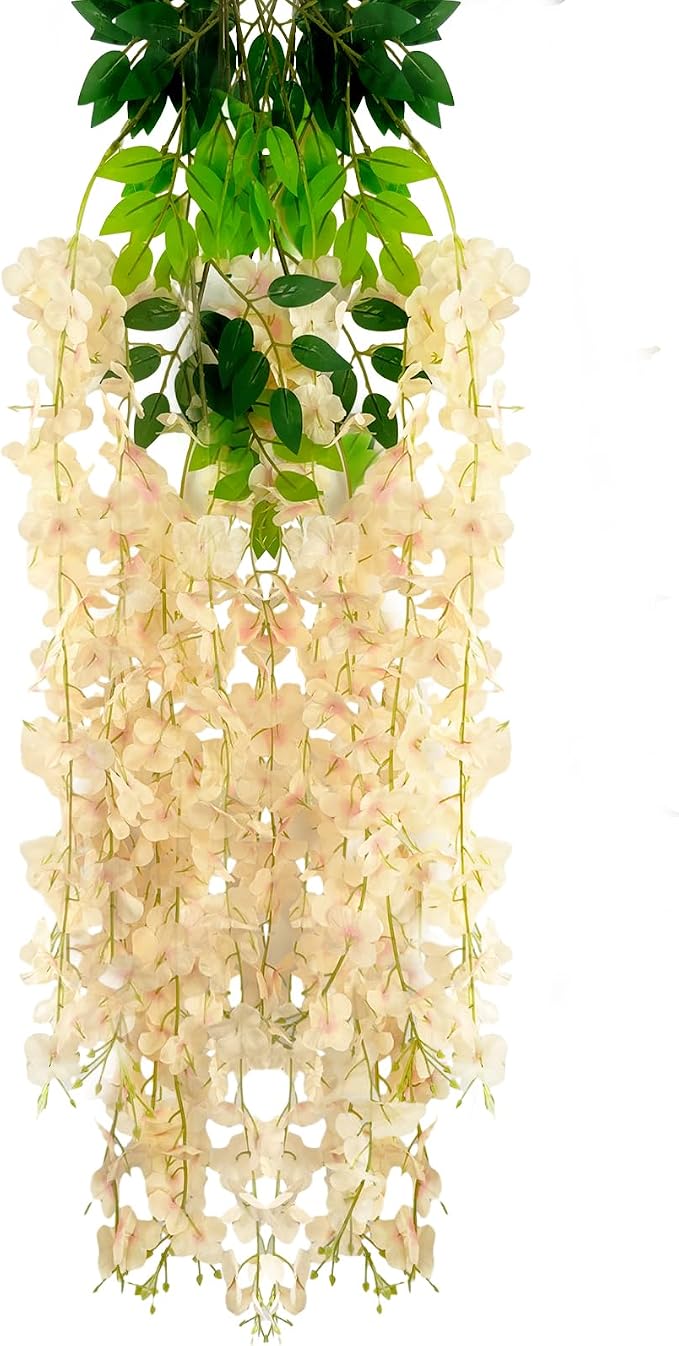 5 Pack Champagne Wisteria Hanging Flowers Garland, 3.77 Feet Artificial Flower Vines, Fake Wisteria, Artificial Vines Hanging Garland for Backdrop Outdoor Yard Garden Decor