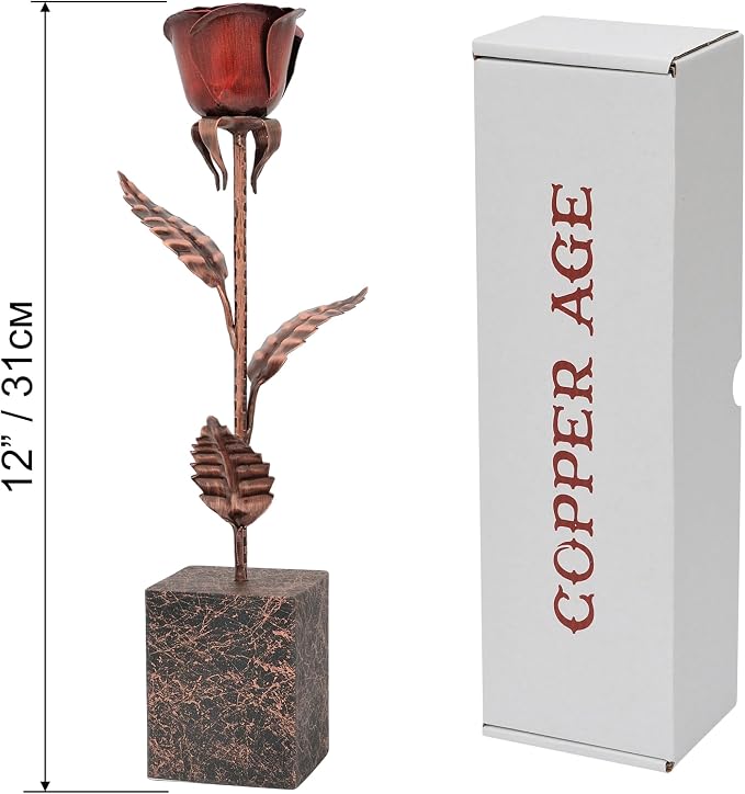 Bronze Anniversary Rose – 8th & 19th Wedding Anniversary Keepsake – Solid Copper Rose with Deep Red Bloom – 12 Inch Handcrafted Flower