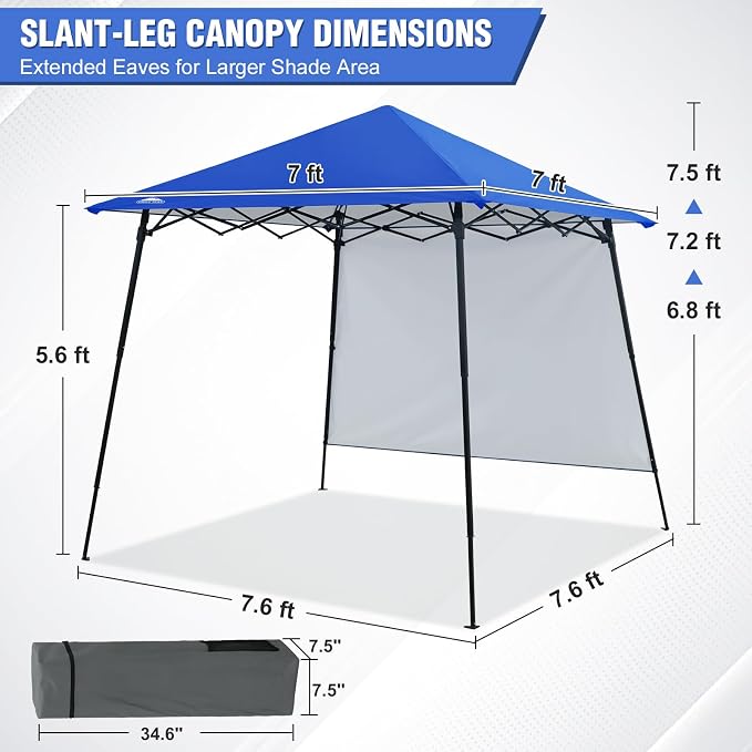 EAGLE PEAK 8x8 Pop Up Canopy Tent with Extended Eaves & Sidewall, Compact, Portable, Easy Setup Slant Leg Instant Shelter for Beach, Sports, & Camping, 8x8 Base 7x7 Top, Blue