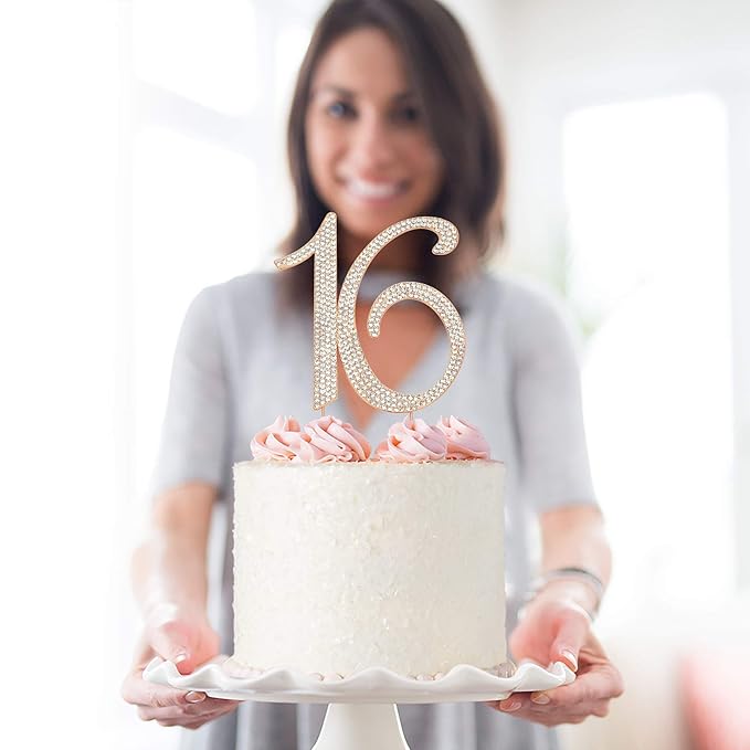 16 Cake Topper - Premium Rose Gold Metal - Sweet 16 Birthday Party Sparkly Rhinestone Decoration Makes a Great Centerpiece - Now Protected in a Box