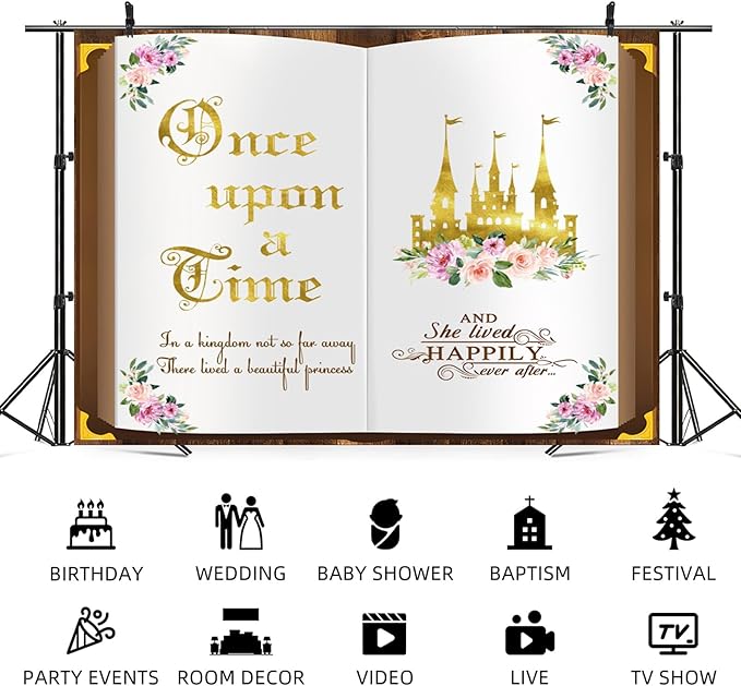 8x6ft Once Upon a Time Backdrop Fairy Tale Book Princess Castle Happily Ever After Floral Storybook Background for Birthday Wedding Baby Shower Bridal Shower Party Decor Photo Booth Props
