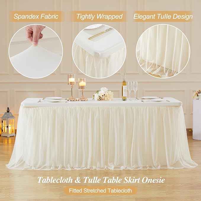 Tulle Tablecloth Table Skirt for 6 Foot Rectangle Tables Table Covers with Ruffle Tutu Table Skirt for Wedding Reception Party Birthday, Champagne, 4 Pack, 6ft Table Cloth