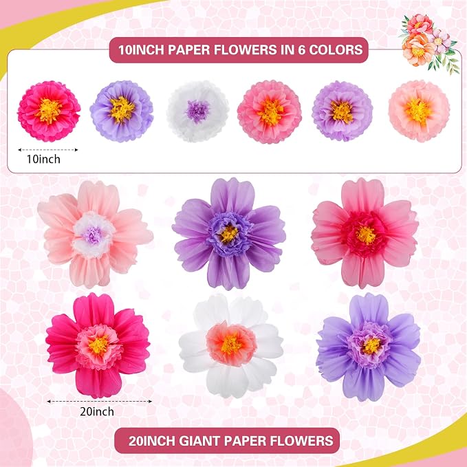 Crowye 24 Pcs Large Colorful Tissue Paper Flowers Decorations Giant Fiesta Craft Crepe Paper Flowers for Wall Decor Backdrop Mexican Wedding Birthday Carnival Party (10'' 20'',Bright Color)