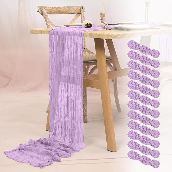 12 Pack Lavender Cheesecloth Table Runner 10FT Lilac Purple Boho Gauze Cheese Cloth Table Runner Rustic Sheer Fabric Table Runners for Wedding Bridal Shower Baby Shower Party(21.5×120 Inch)