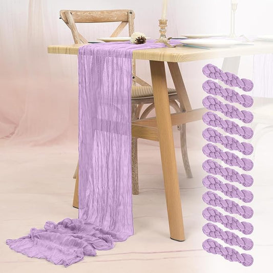 12 Pack Lavender Cheesecloth Table Runner 10FT Lilac Purple Boho Gauze Cheese Cloth Table Runner Rustic Sheer Fabric Table Runners for Wedding Bridal Shower Baby Shower Party(21.5×120 Inch)