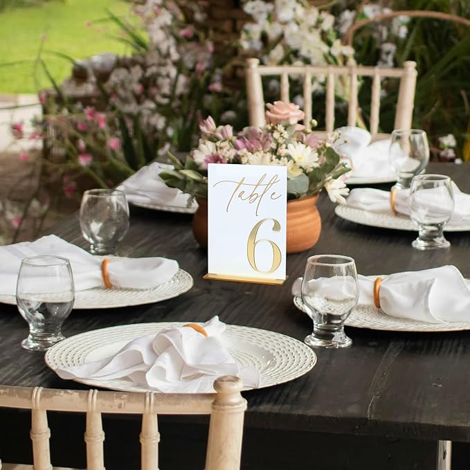 Acrylic Wedding Table Numbers 1-15 with Stands, 5"x7" White Acrylic Signs with 3D Gold Mirror Numbers, White and Gold 3D Table Numbers for Wedding Reception, Anniversary, Event