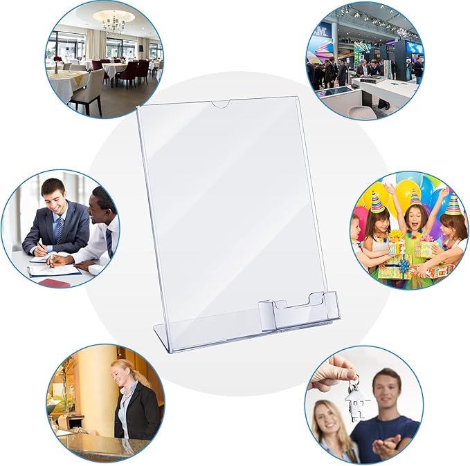 Vicenpal Acrylic Flyer Stand Sign Holder with Business Card Holder 8.5 x 11 Clear Brochure Display Stand with Business Card Pocket for Magazine Pamphlet Booklets Menu Desktop(4 Pcs)
