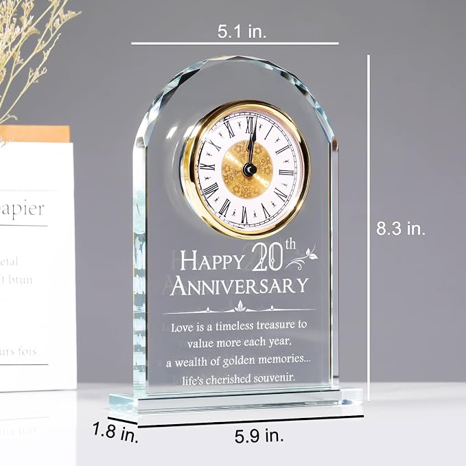 YWHL 20th Anniversary Quartz Clock Gifts for Him and Her, 20 Years Wedding Anniversary Keepsake Gifts for Couple, Happy 20th Wedding Home Party Decoration (Battery not Included)