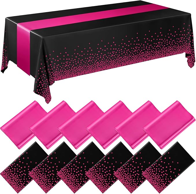 Breling 12 Pack Black and Hot Pink Disposable Plastic Tablecloths and Satin Table Runner Set, 54 x 108 Inch Tablecloth, 12 x 108 Inch Table Runners for Wedding Graduation Birthday Baby Shower
