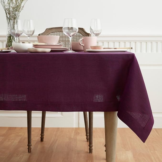 Solino Home Linen Tablecloth 60 x 120 Inch - 100% Pure Linen Chambray Burgundy Table Cloth for Rectangle Tables - Athena, Machine Washable Tablecloth