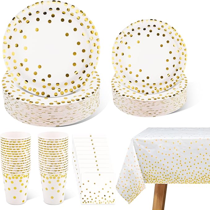 hapray 201 PCS Disposable Paper Plates Gold Party Supplies, Golden Polka Dots Birthday and Baptism Decorations, include Plates and Cups, Napkins, Plastic Tablecloth for Baby Shower Wedding Christmas