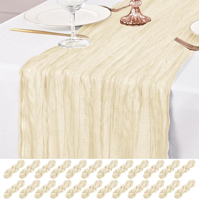 24 Pack Ivory Table Runner 10Ft Cheesecloth Table Runner Rustic Gauze Table Runners Romantic Long Cream Sheer Fabric Cheese Cloth Table Runners for Wedding Party Bridal Baby Shower