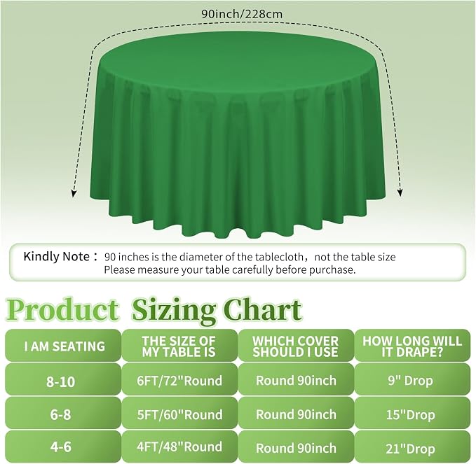 12 Pack Round Tablecloth 90 inch Green Table cloths for Round Tables,Stain and Wrinkle Resistant Washable Polyester Tablecloths Green Table Cloth Table 90 inchround Table Cloth for Wedding Party
