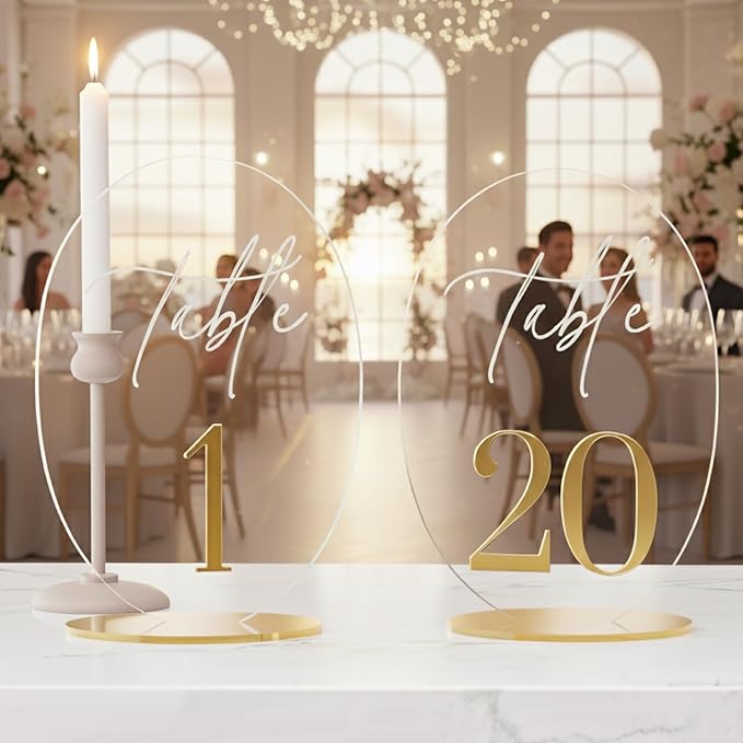 Wedding Table Number 1-20 with Stand,Gold Arched Acrylic Sign with Holder for Wedding Reception,Centerpiece,Anniversary