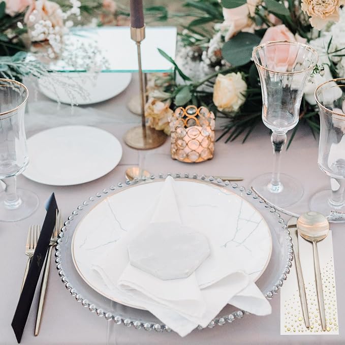 Stylish White and Gold Napkins for Party, 100 Linen Feel Disposable Dinner Napkins, 8.5x4.25" Gold Hand Towels for Bathroom, Cloth Like Linen Feel Guest Towels for Wedding, Reception or Event